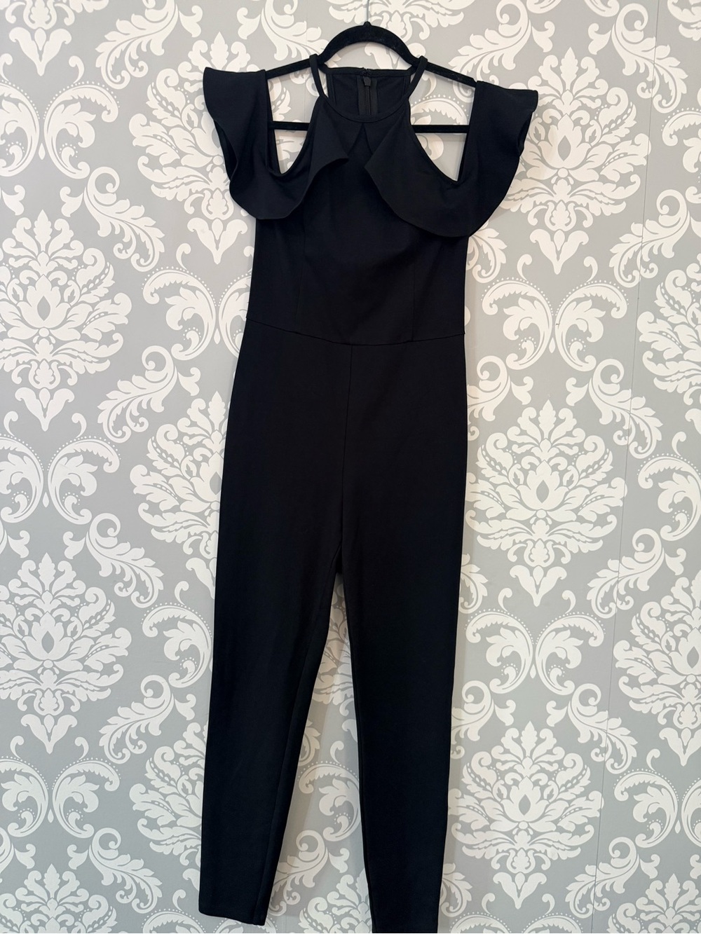 • Guess Black Ruffle Cold Shoulder High Halter Neck Jumpsuit